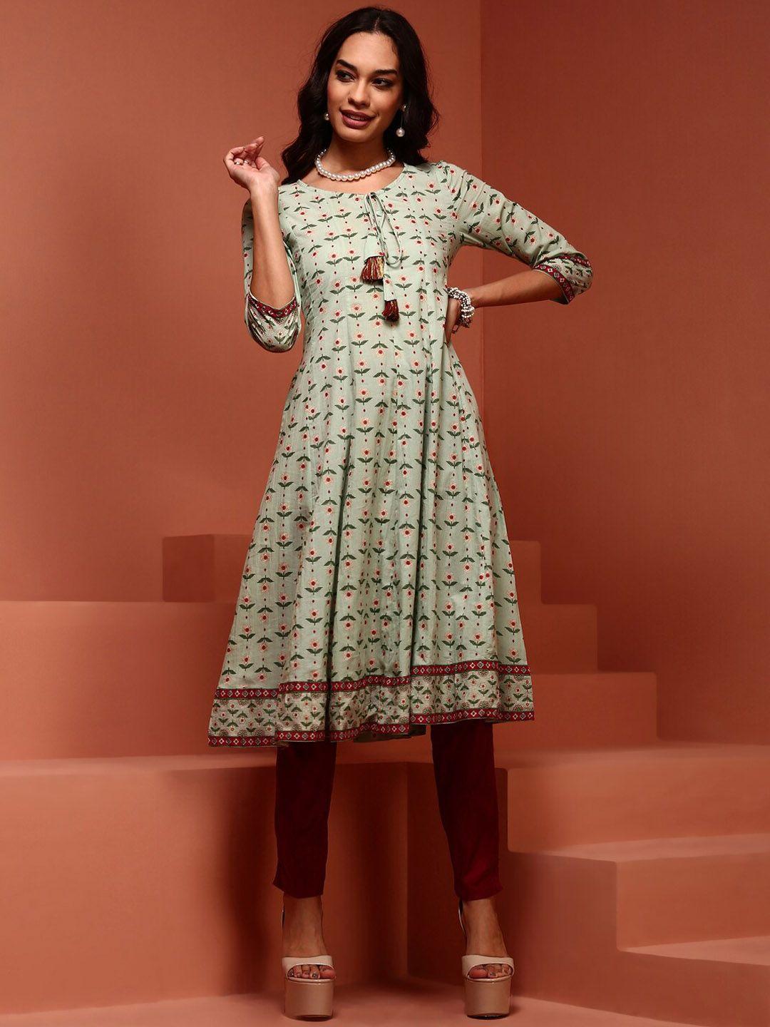 imara floral printed tie-up neck a-line cotton kurta