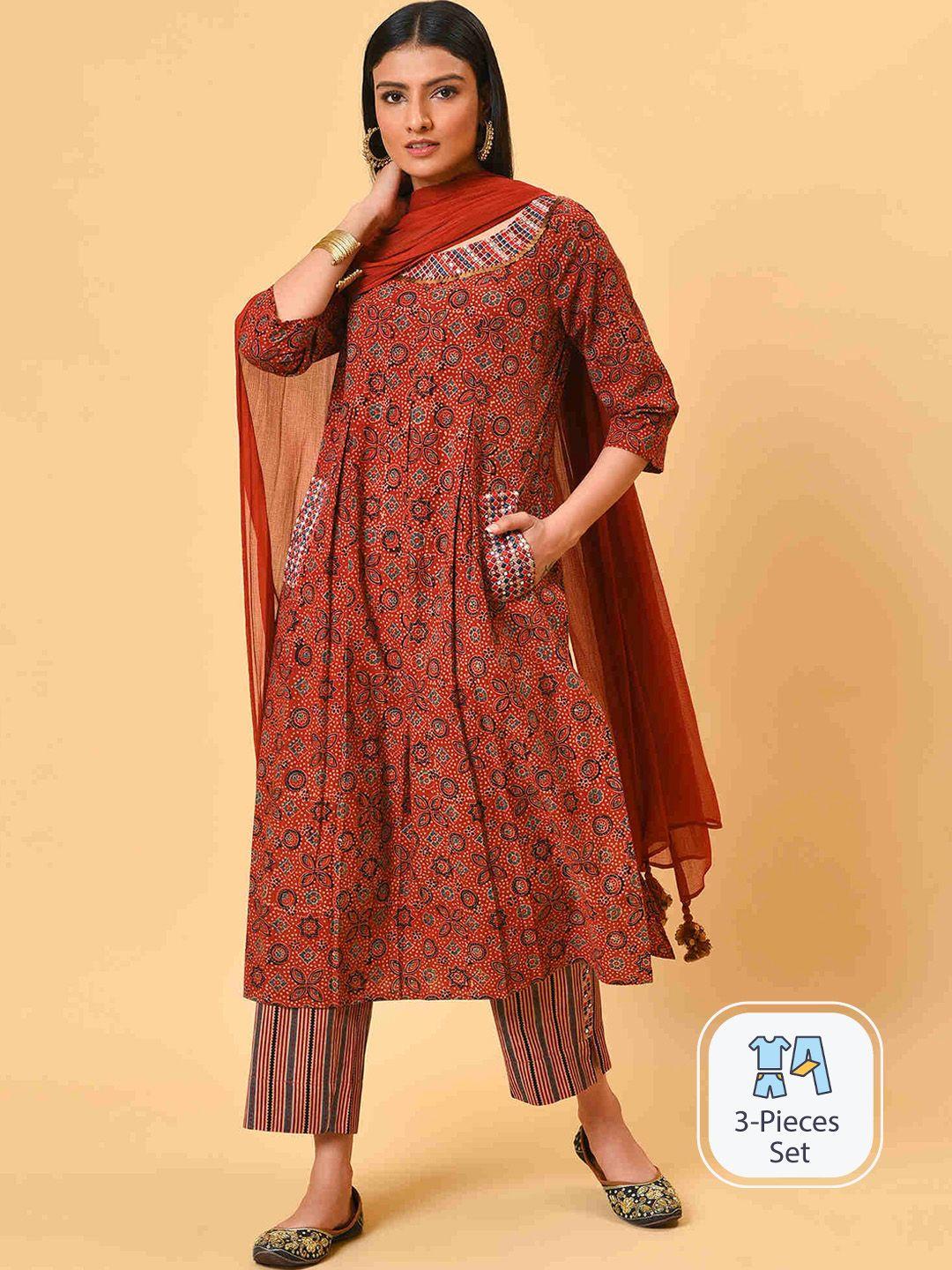 nuhh floral printed thread work a-line kurta with trousers & dupatta