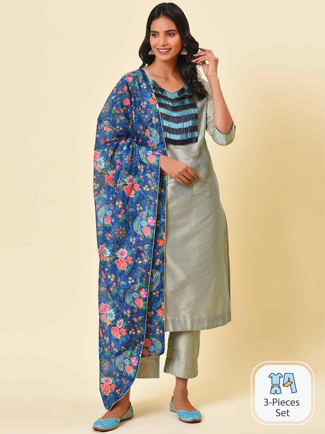 nuhh floral yoke design beads & stones kurta with trousers & dupatta