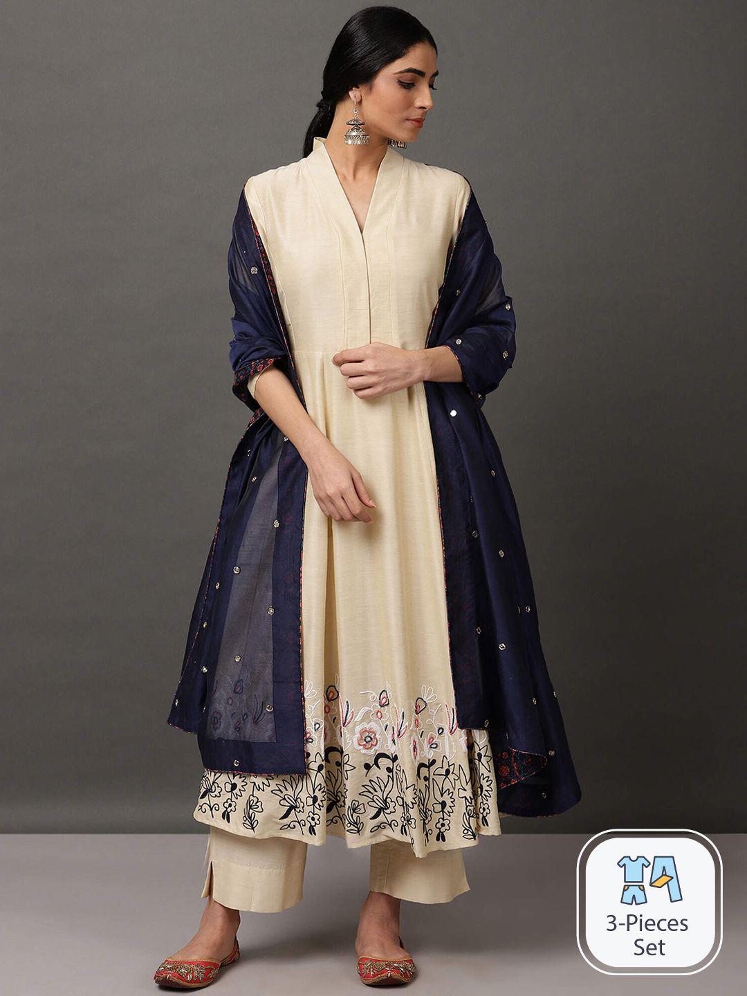 nuhh floral embroidered anarkali mirror work kurta with palazzos & dupatta