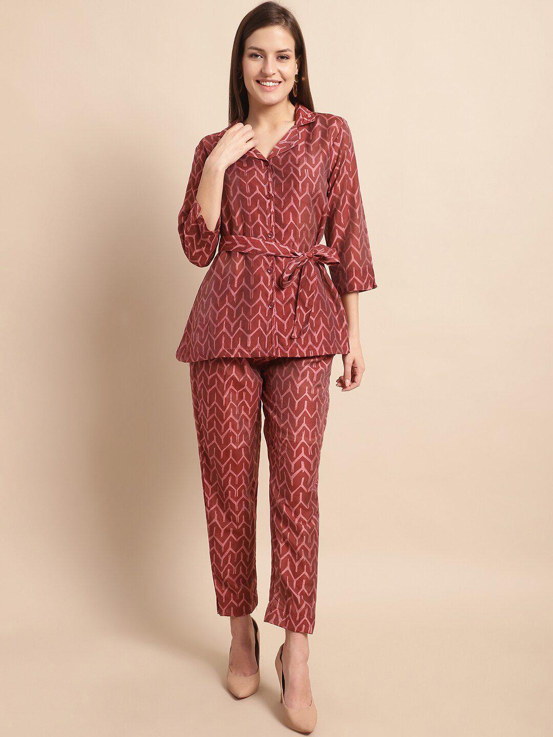 aawari chanderi printed shirt collar pure silk shirt with trousers