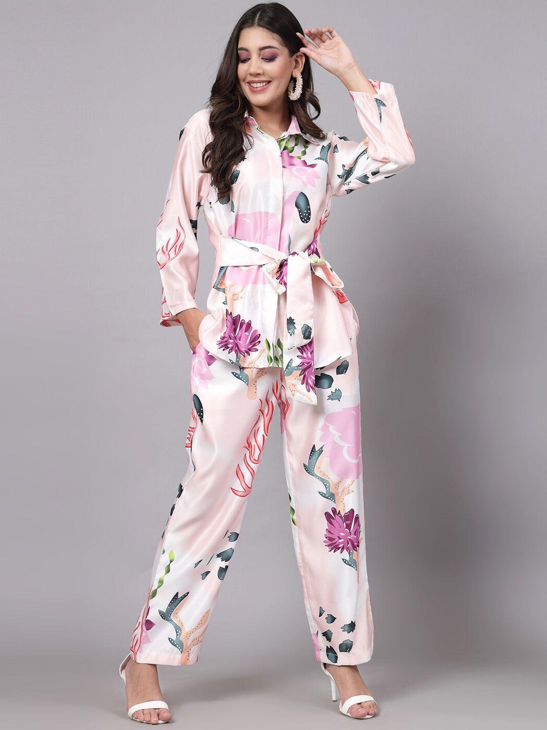 kalini relaxed fit floral printed belted shirt with trousers