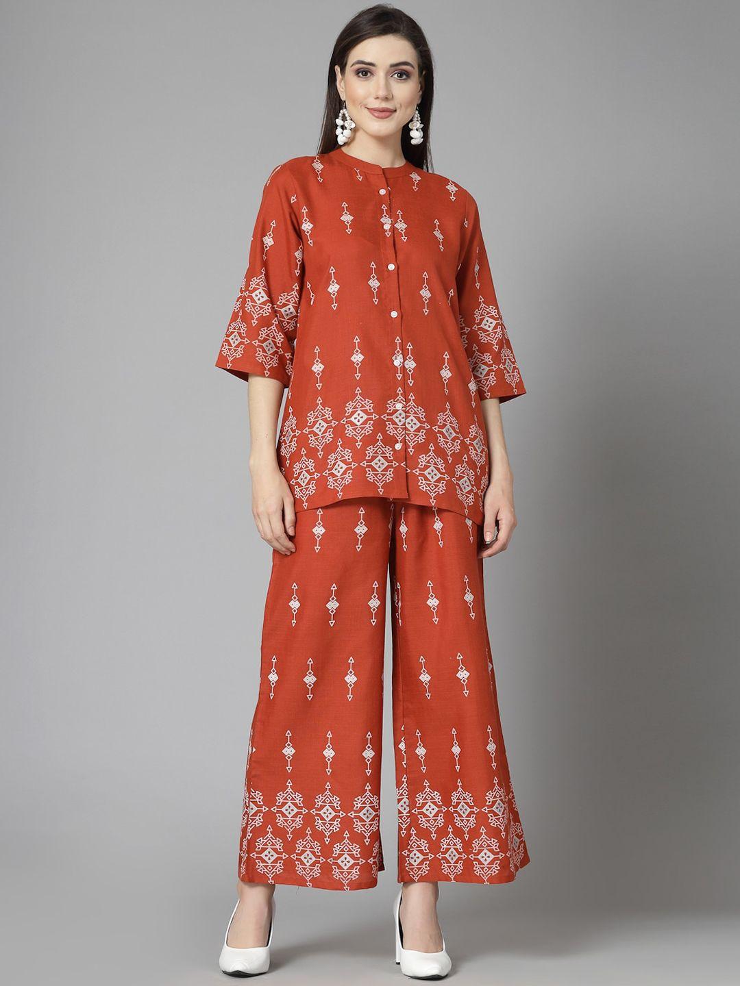 stylum band collar ethnic motif printed shirt top with palazzo co-ords