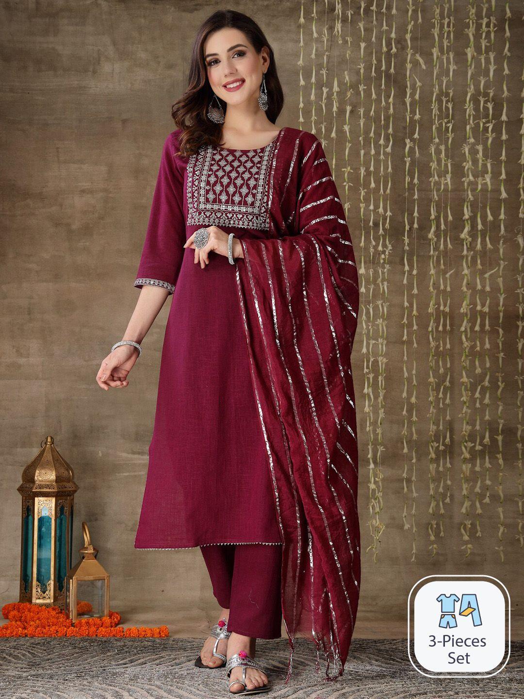 stylum ethnic motifs yoke design zari pure cotton kurta & trousers with dupatta