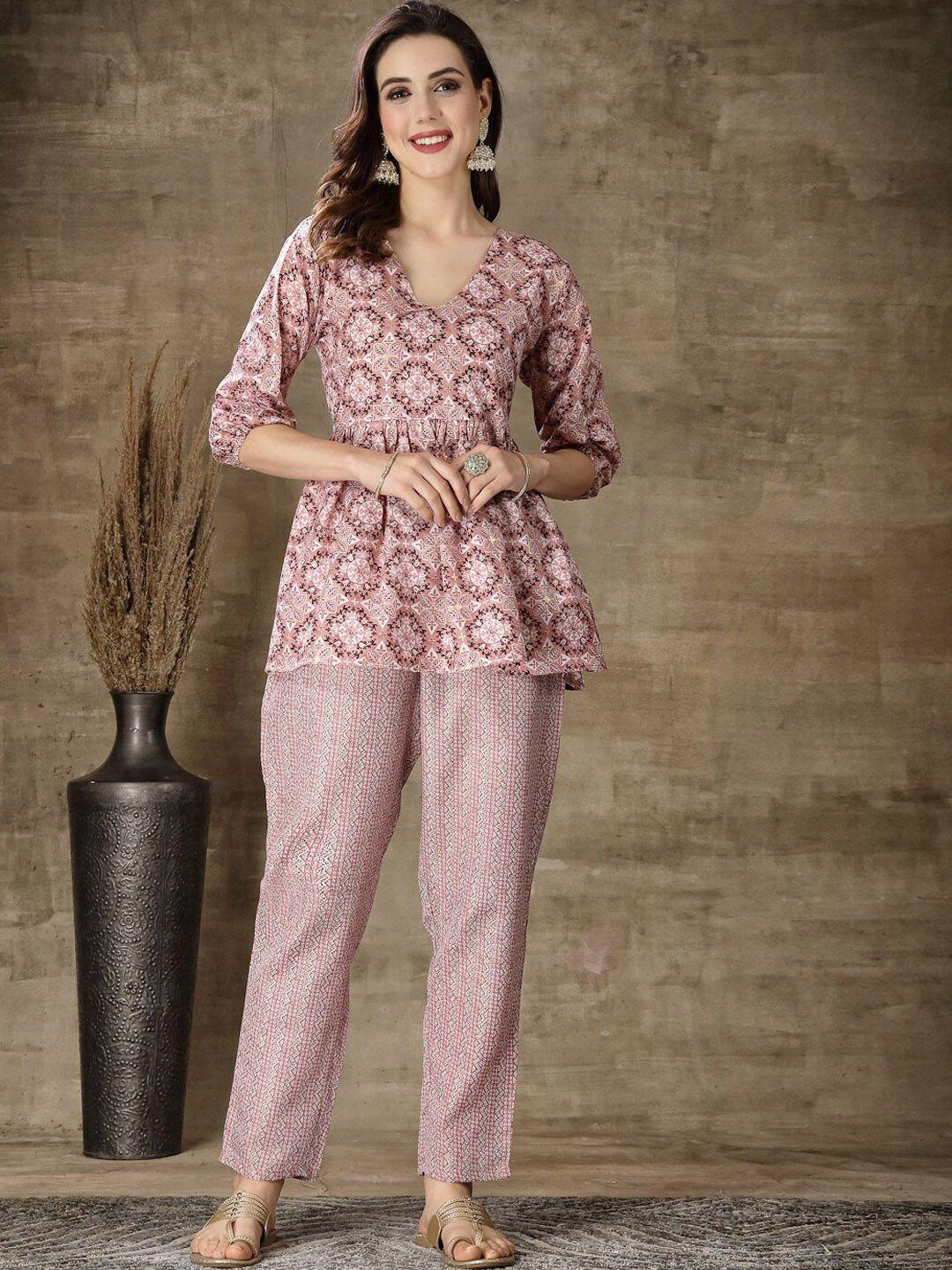 stylum mauve & white ethnic motifs printed top with trousers co-ords