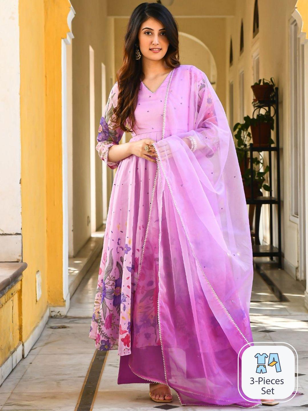 urbanstree women purple floral printed regular beads and stones kurta with palazzos & with dupatta