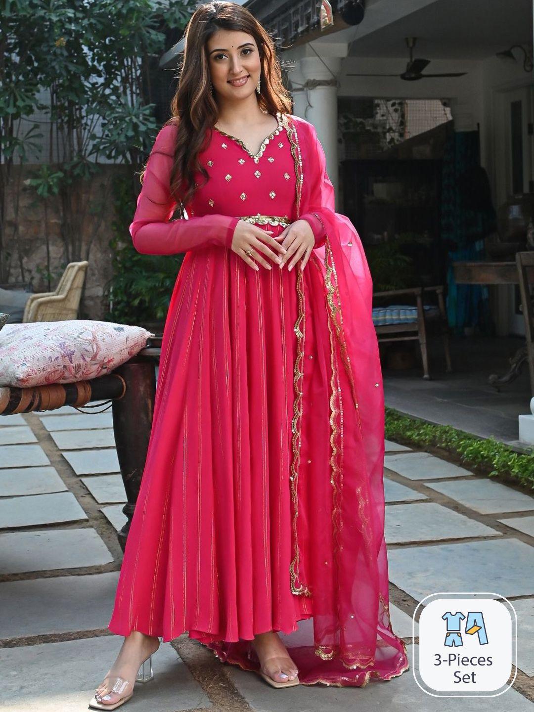 urbanstree women pink ethnic motifs embroidered regular beads and stones kurta with trousers & with dupatta