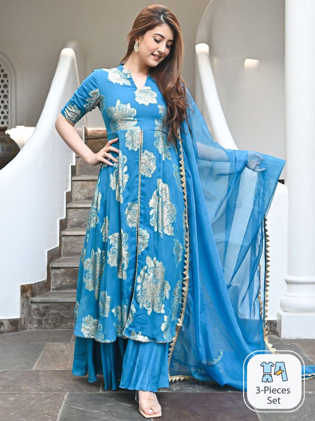 urbanstree women blue ethnic motifs embroidered regular thread work kurta with palazzos & with dupatta