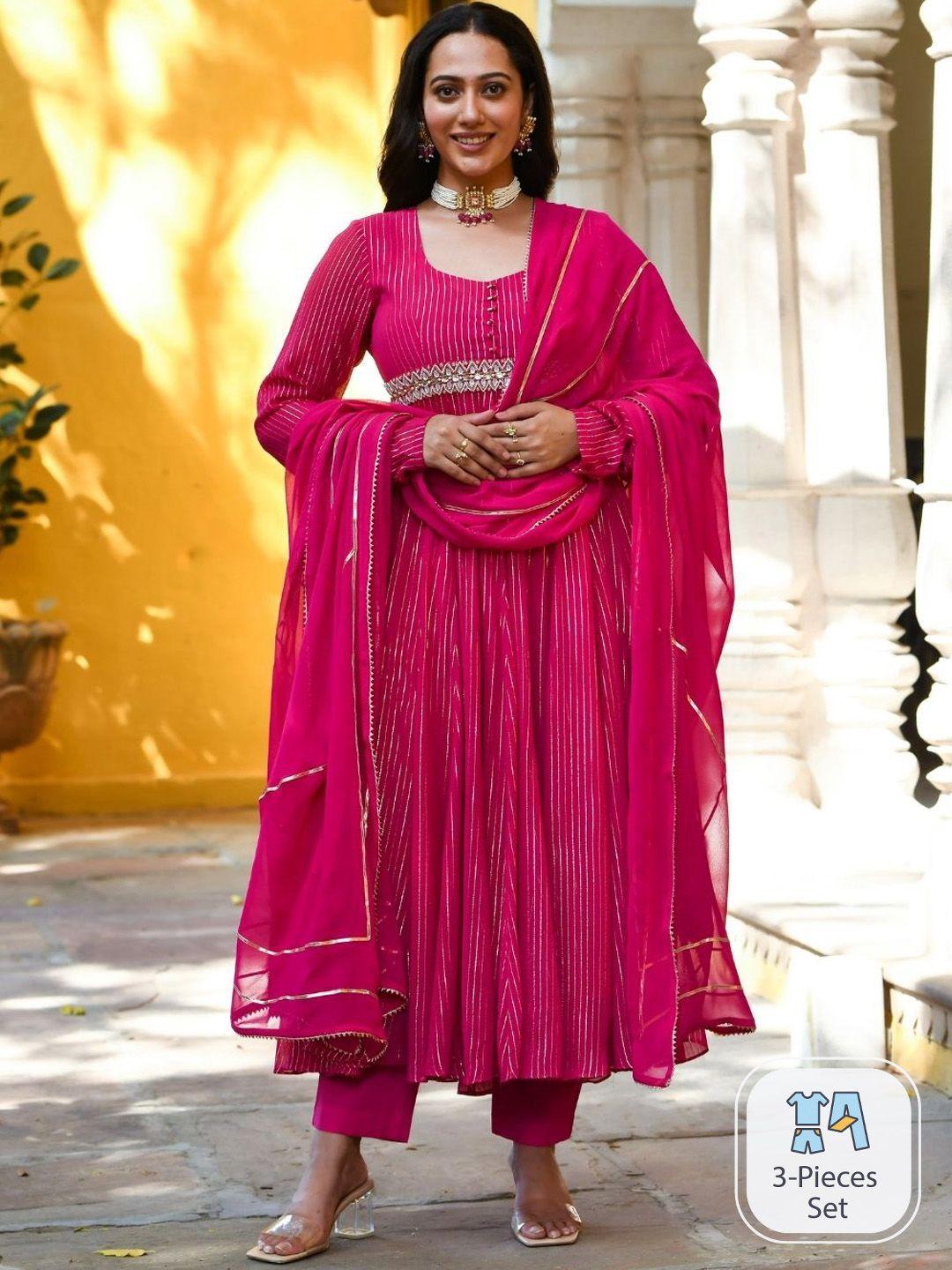 urbanstree women pink striped regular beads and stones kurta with trousers & with dupatta