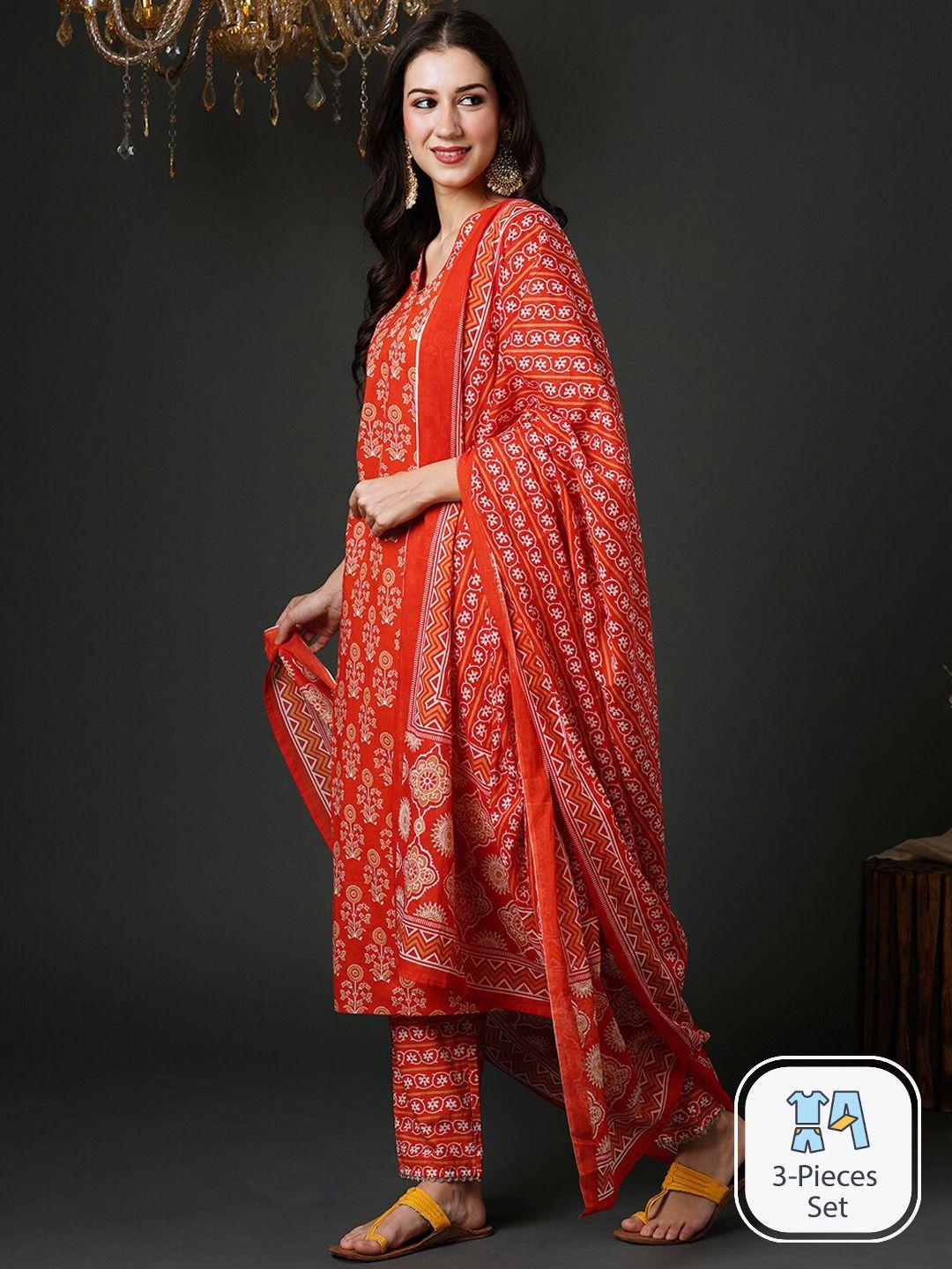 indo era floral printed pure cotton kurta & trousers with dupatta