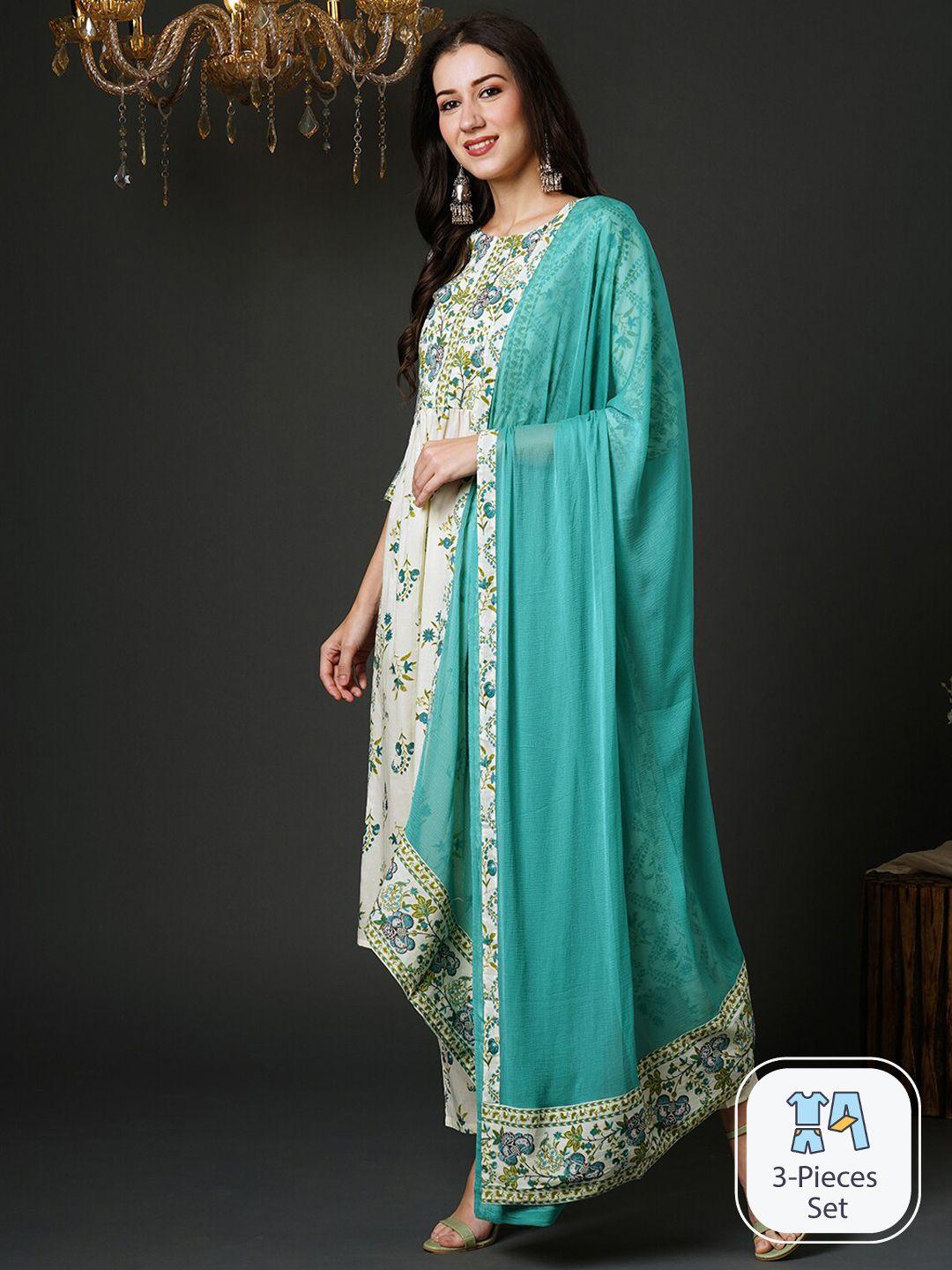 indo era floral printed a-line kurta & trousers with dupatta