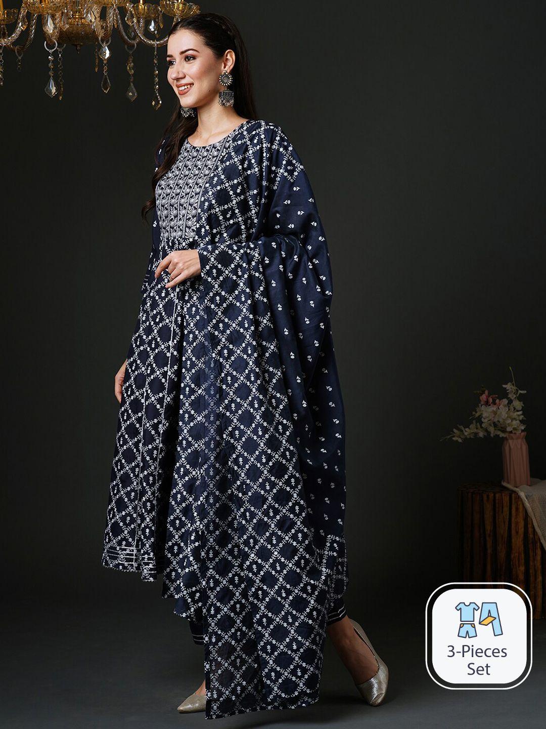 indo era floral printed thread work a-line kurta & trousers with dupatta