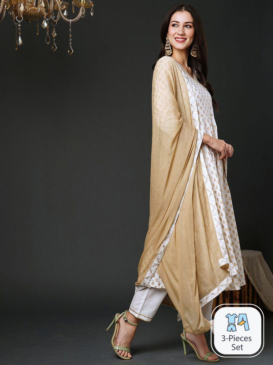 indo era ethnic motifs printed gotta patti angrakha a-line kurta with trousers & dupatta