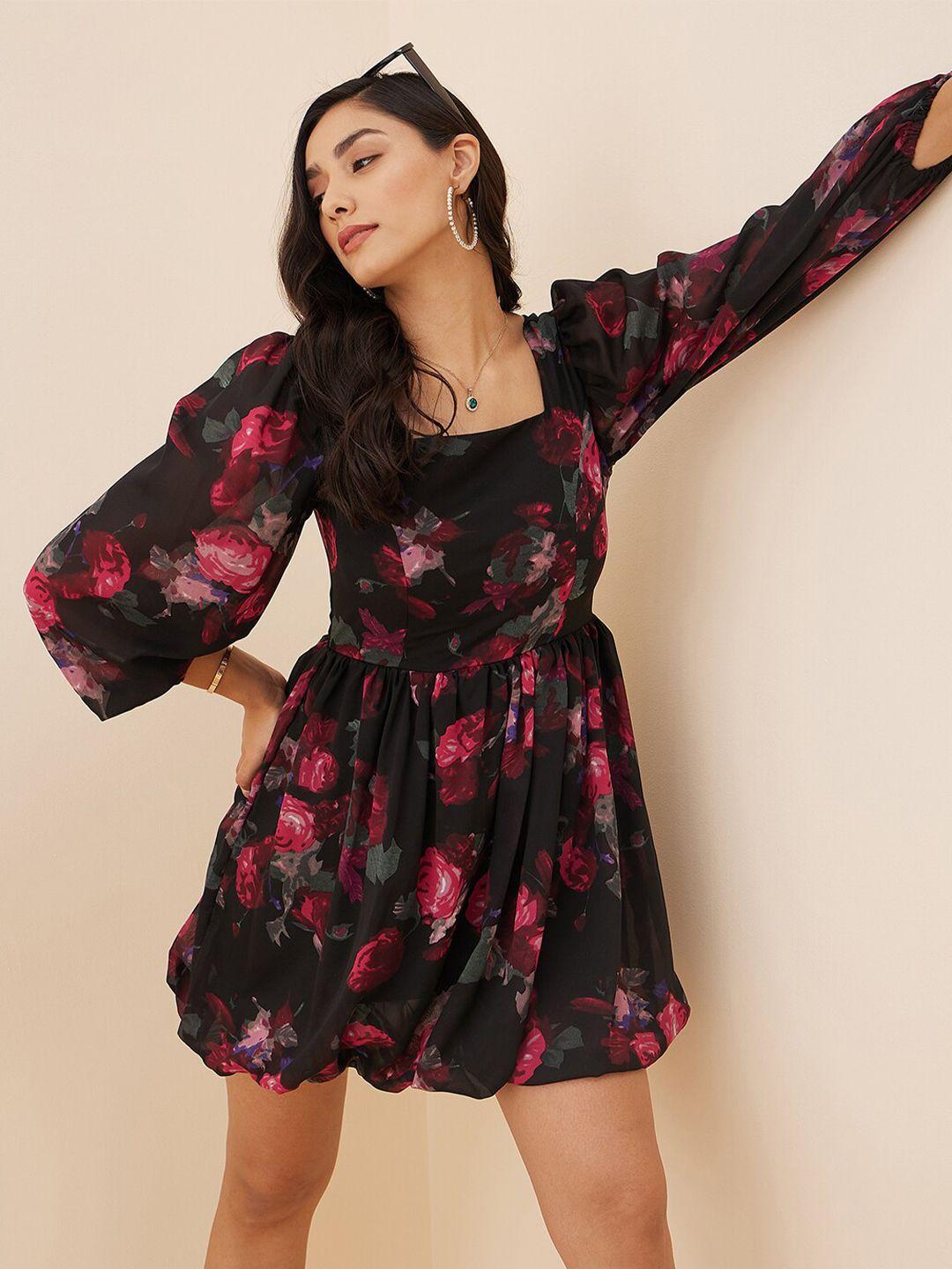 rare black floral printed puff sleeves fit & flare dress