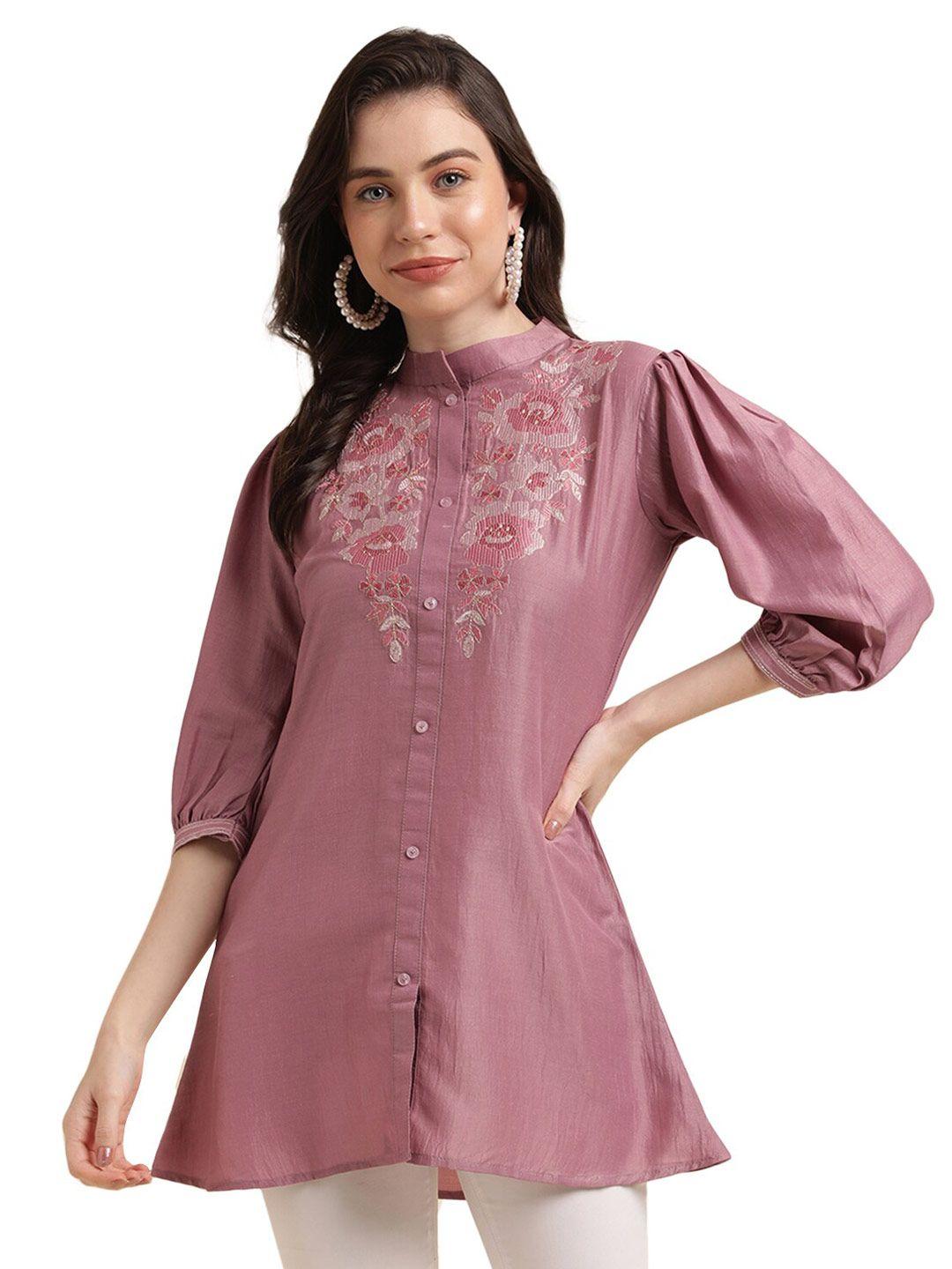 nimayaa floral embroidered puff sleeves longline top