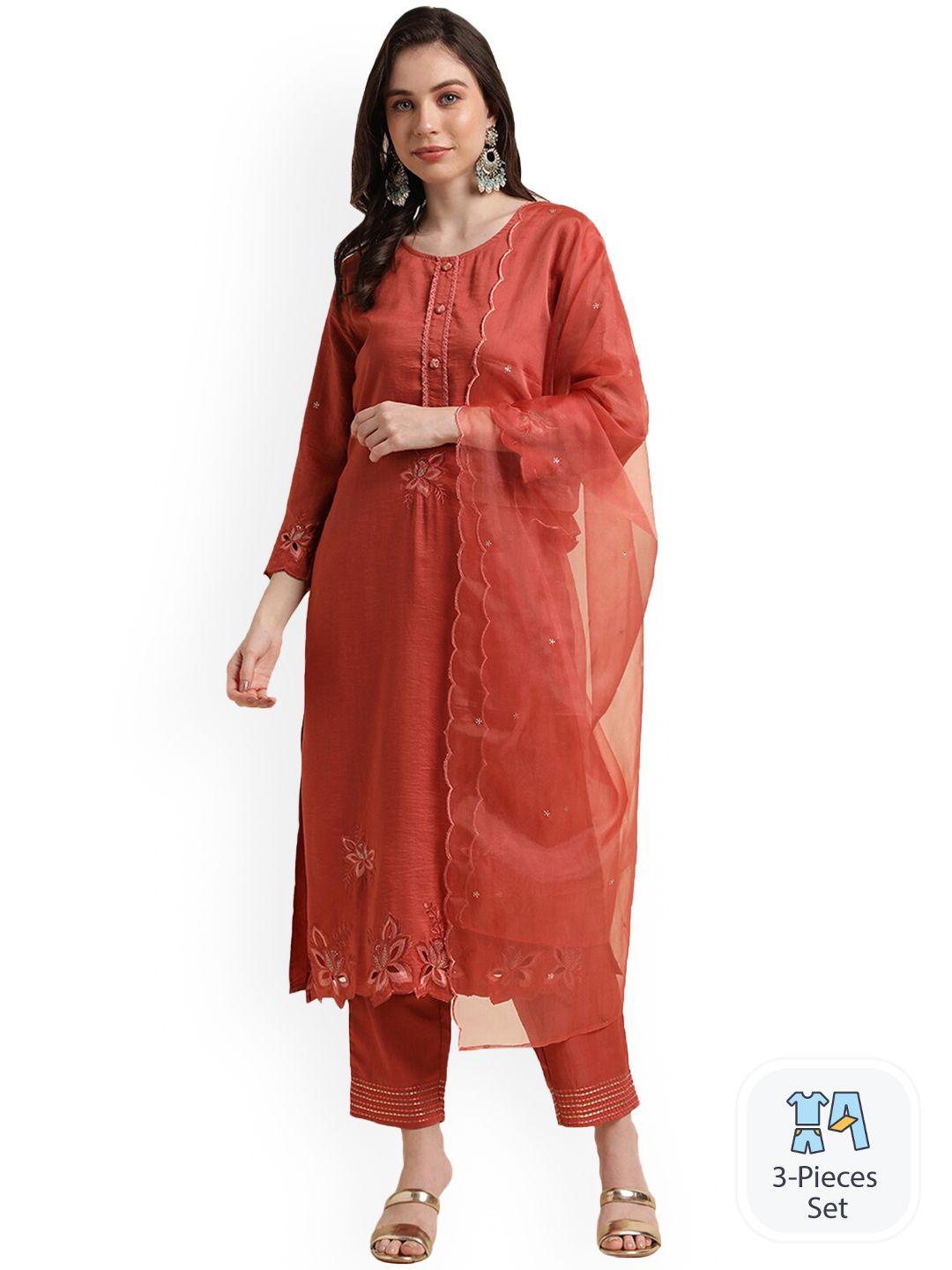 nimayaa floral embroidered straight kurta & trousers with dupatta