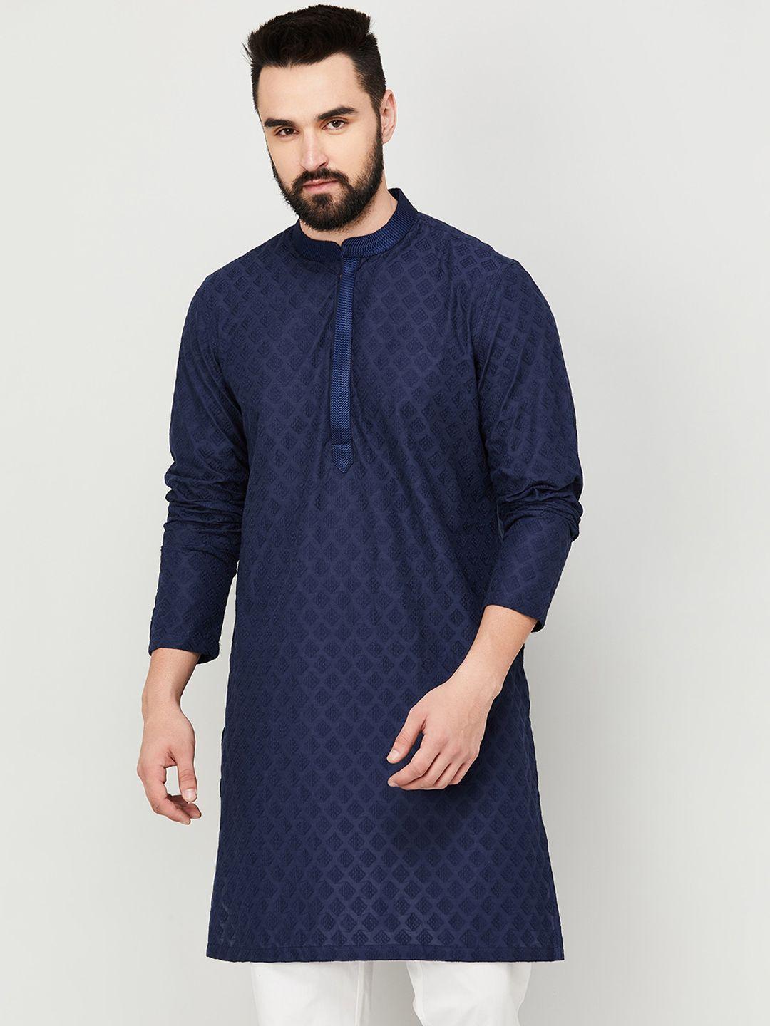 melange by lifestyle mandarin collar ethnic motif embroidered cotton kurta