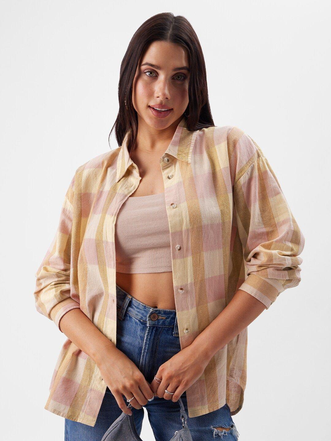 the souled store relaxed boxy other checked spread collar long sleeve cotton casual shirt