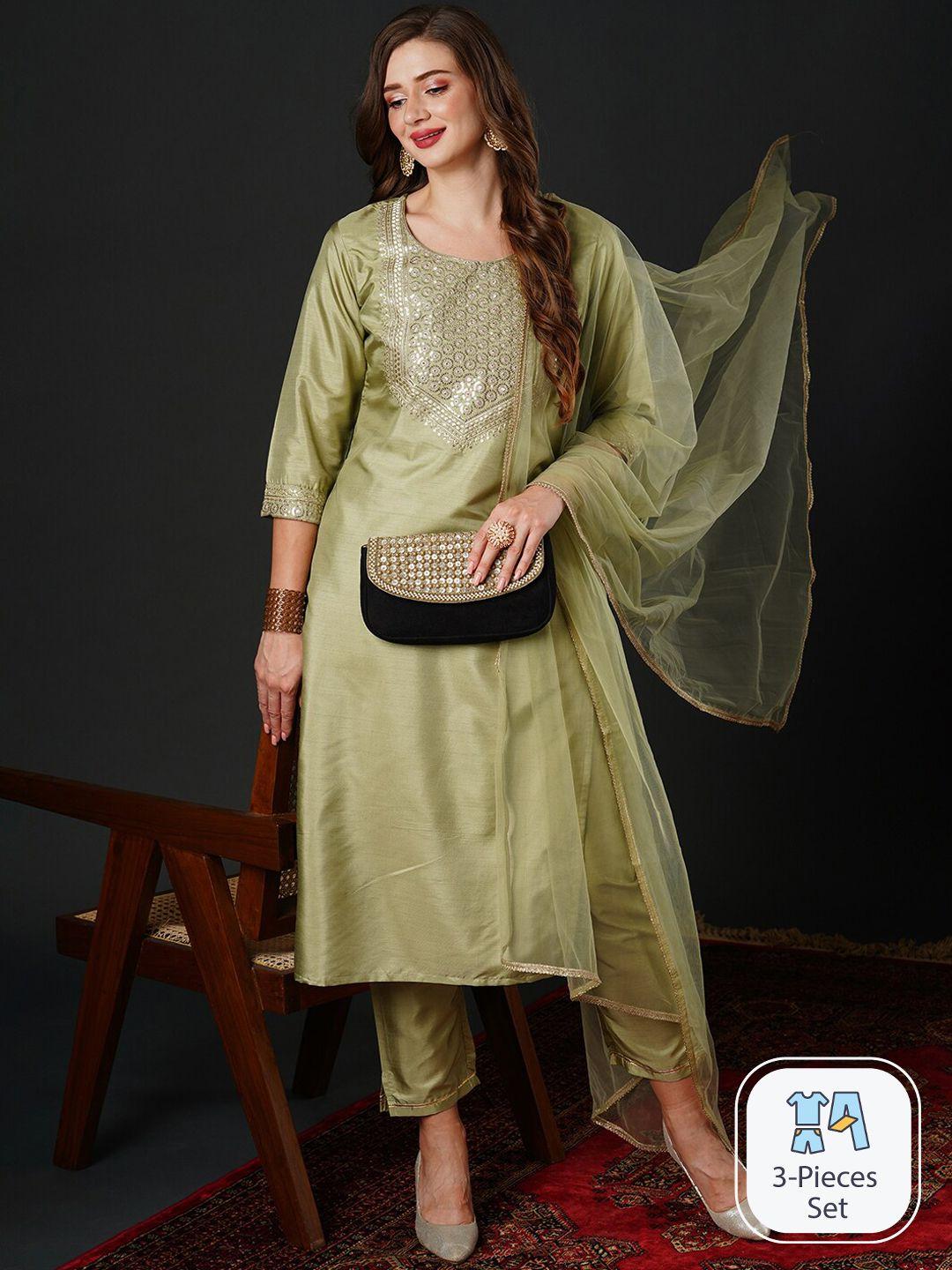 navibhu geometric yoke design sequinned kurta with trousers & dupatta