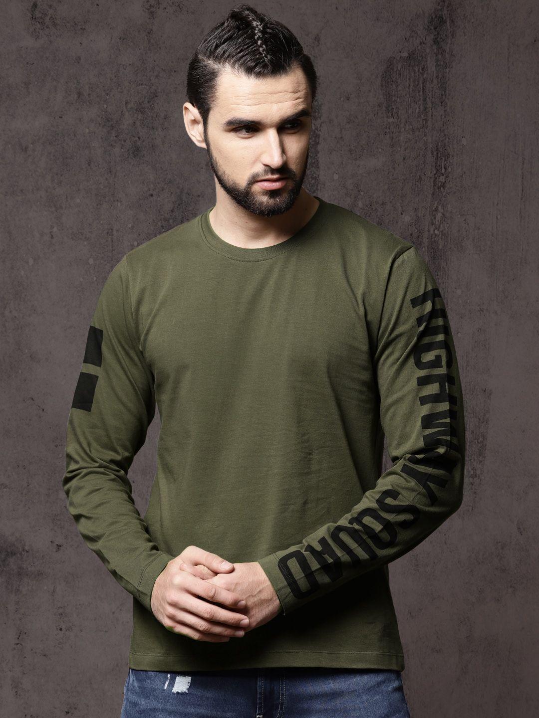 roadster men olive green solid round neck t-shirt