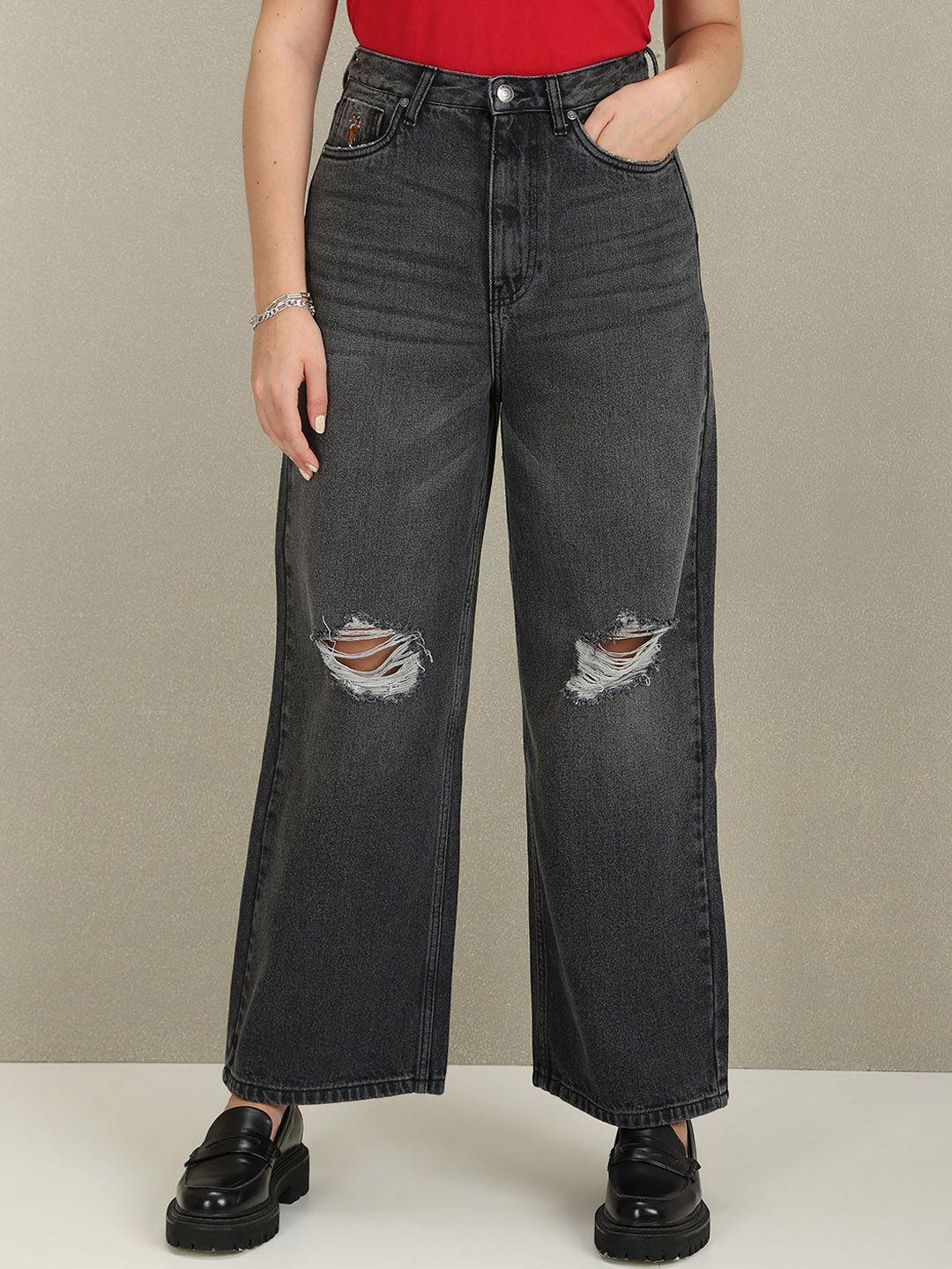 u.s. polo assn. women wide leg mildly distressed light fade cotton whiskers jeans