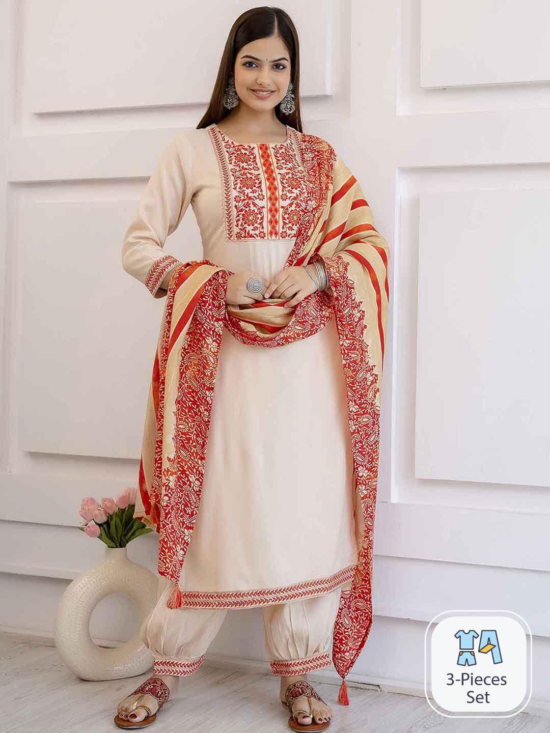 nehamta embroidered thread work kurta with salwar & dupatta