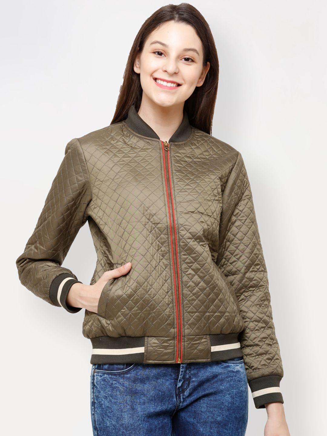 house of vedas women olive green lightweight outdoor bomber with embroidered jacket