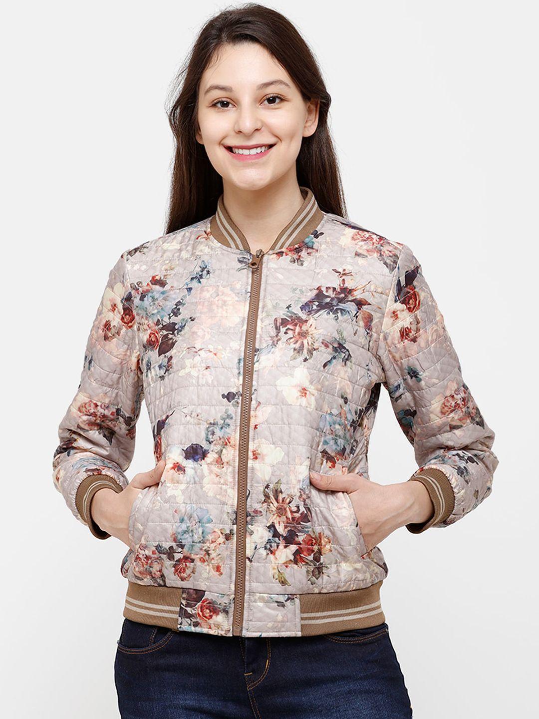 house of vedas women tan floral lightweight outdoor bomber with embroidered jacket