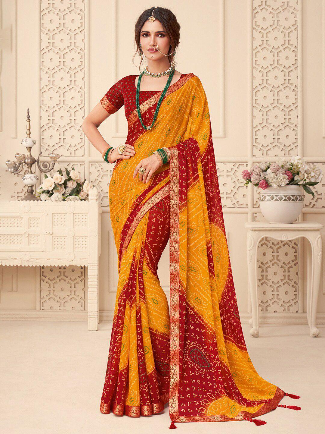 anouk yellow bandhani printed zari pure chiffon bandhani saree