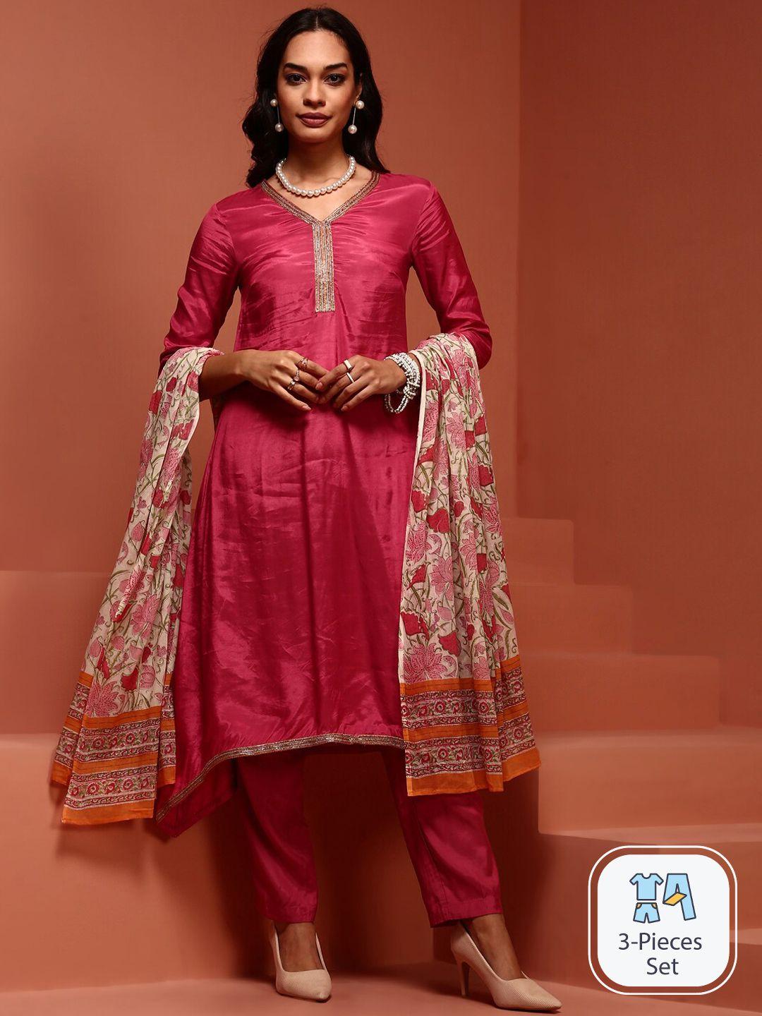 imara v-neck a-line kurta & trousers with floral printed dupatta