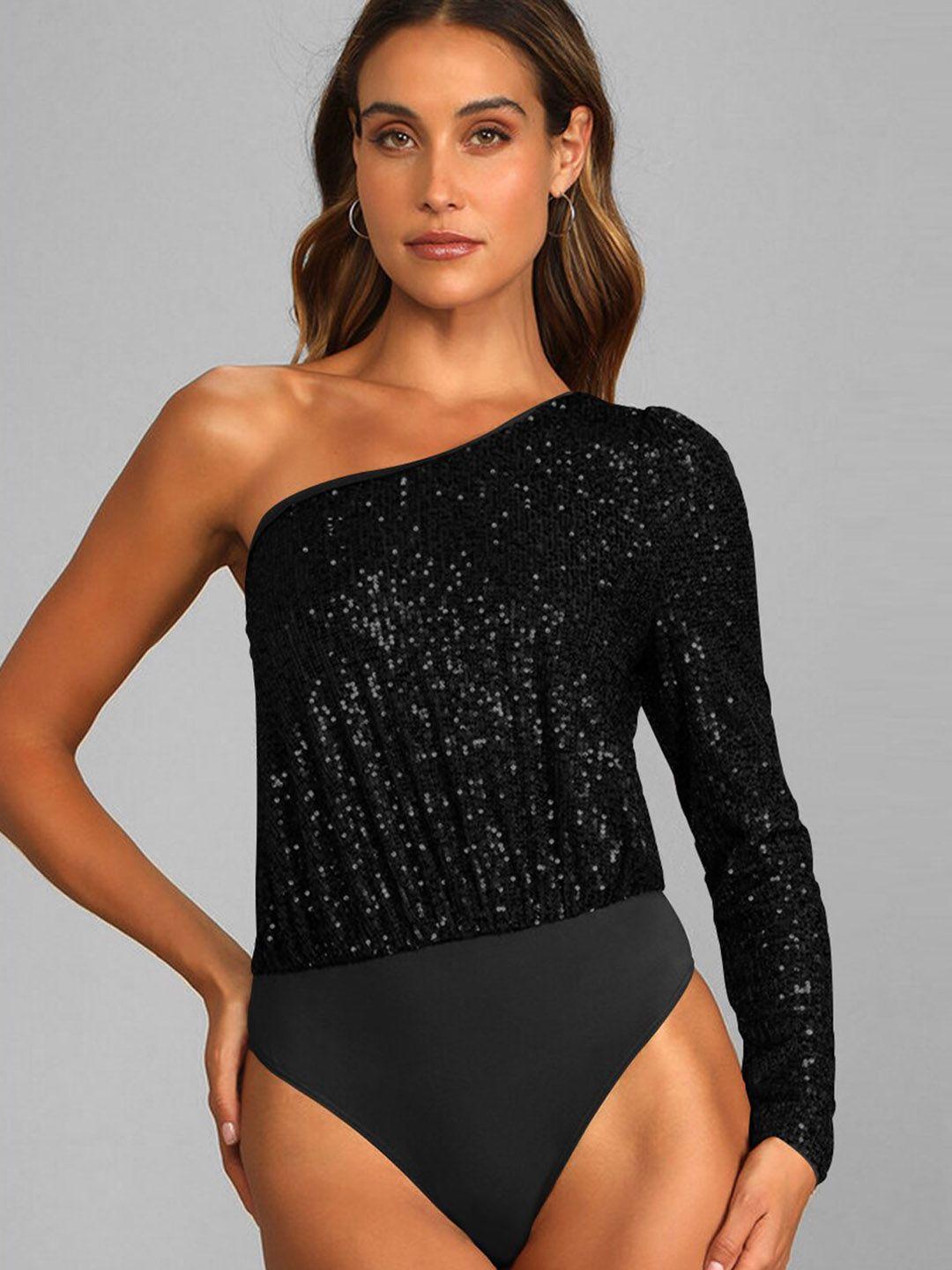 stylecast black embellished one-shoulder long sleeve bodysuit