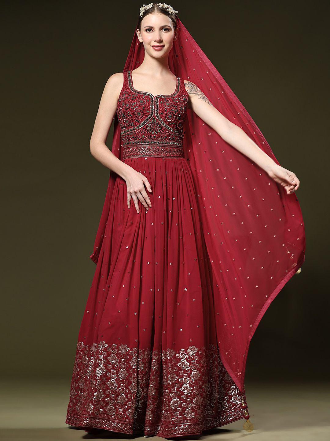 just fashion embroidered georgette ethnic gown with dupatta