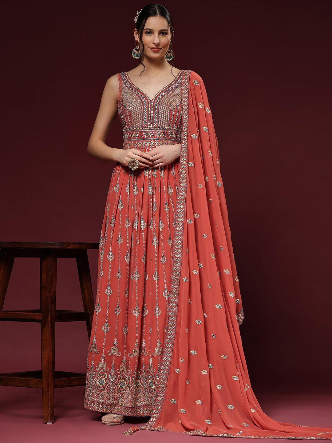 just fashion ethnic motif embroidered sequined georgette ethnic gown with dupatta