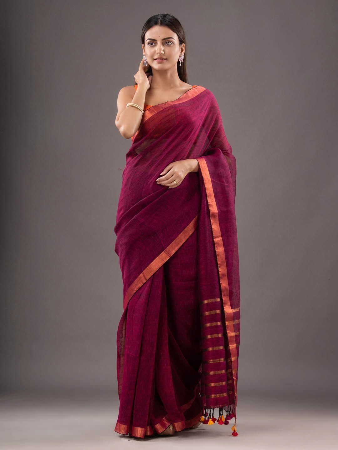 mitera magenta & gold zari pure linen saree