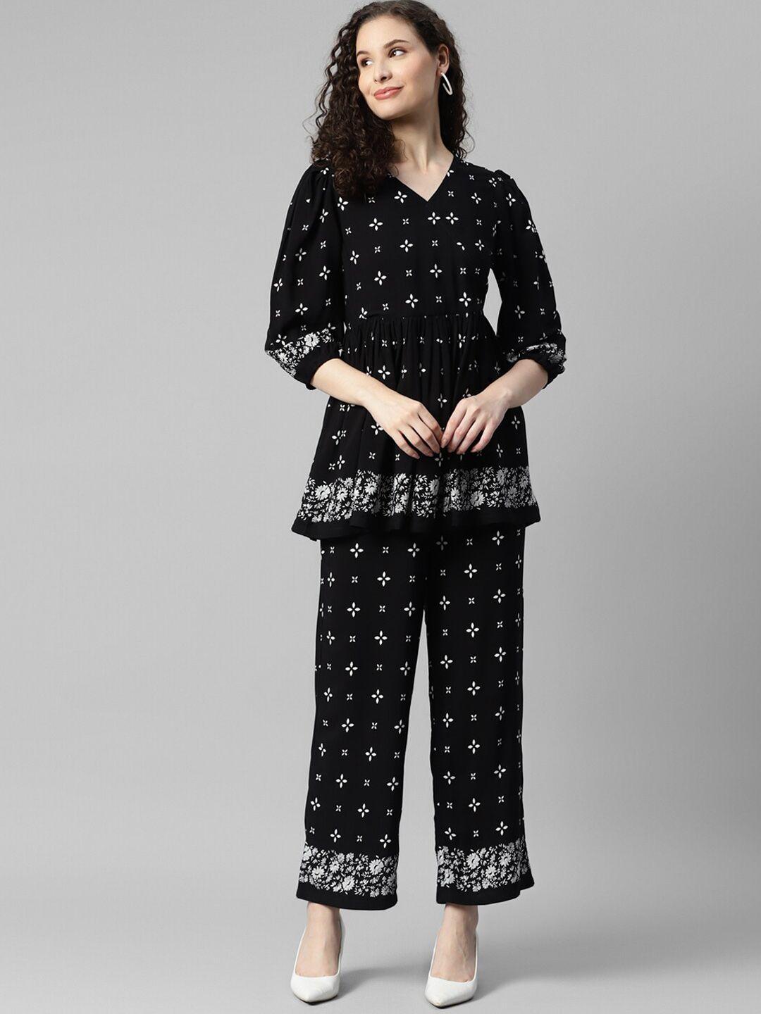 deebaco ethnic motif printed v-neck top with printed straight trouser