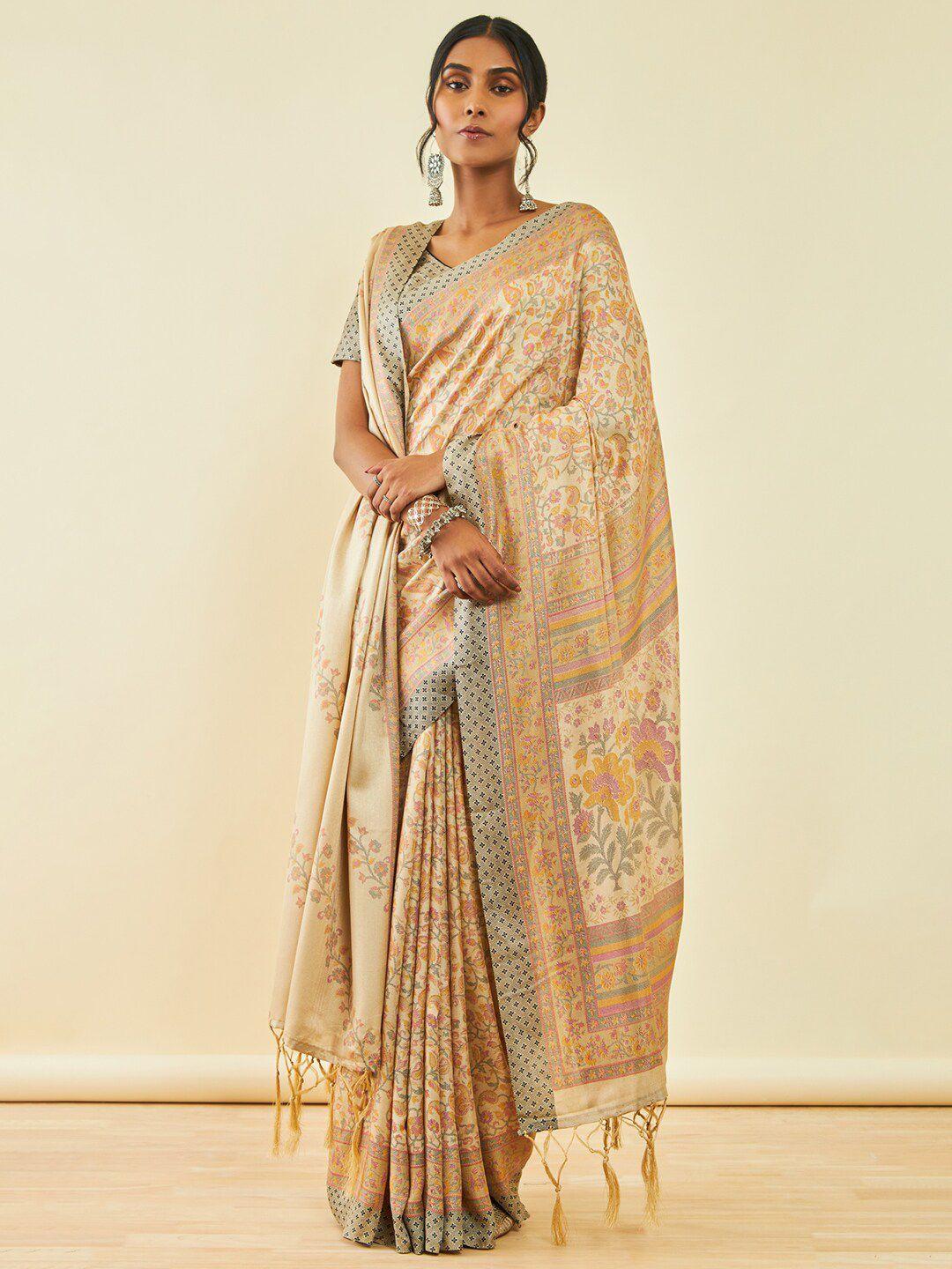 soch floral printed pashmina saree with shawl