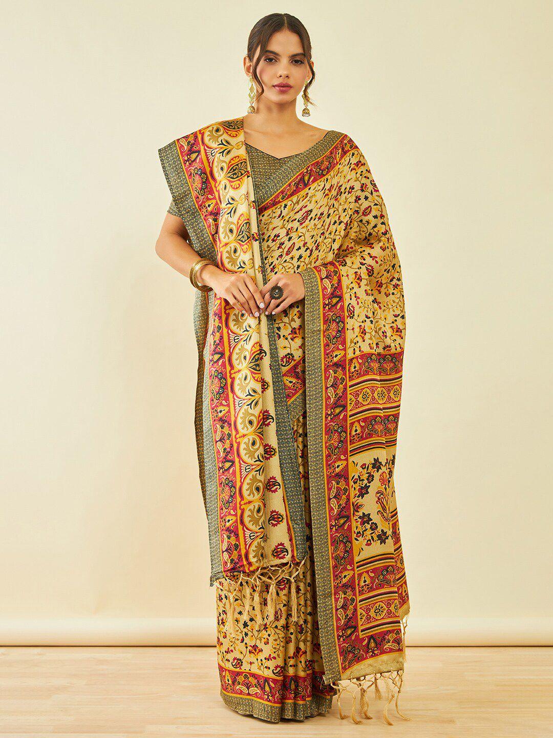 soch floral printed pashmina saree with shawl