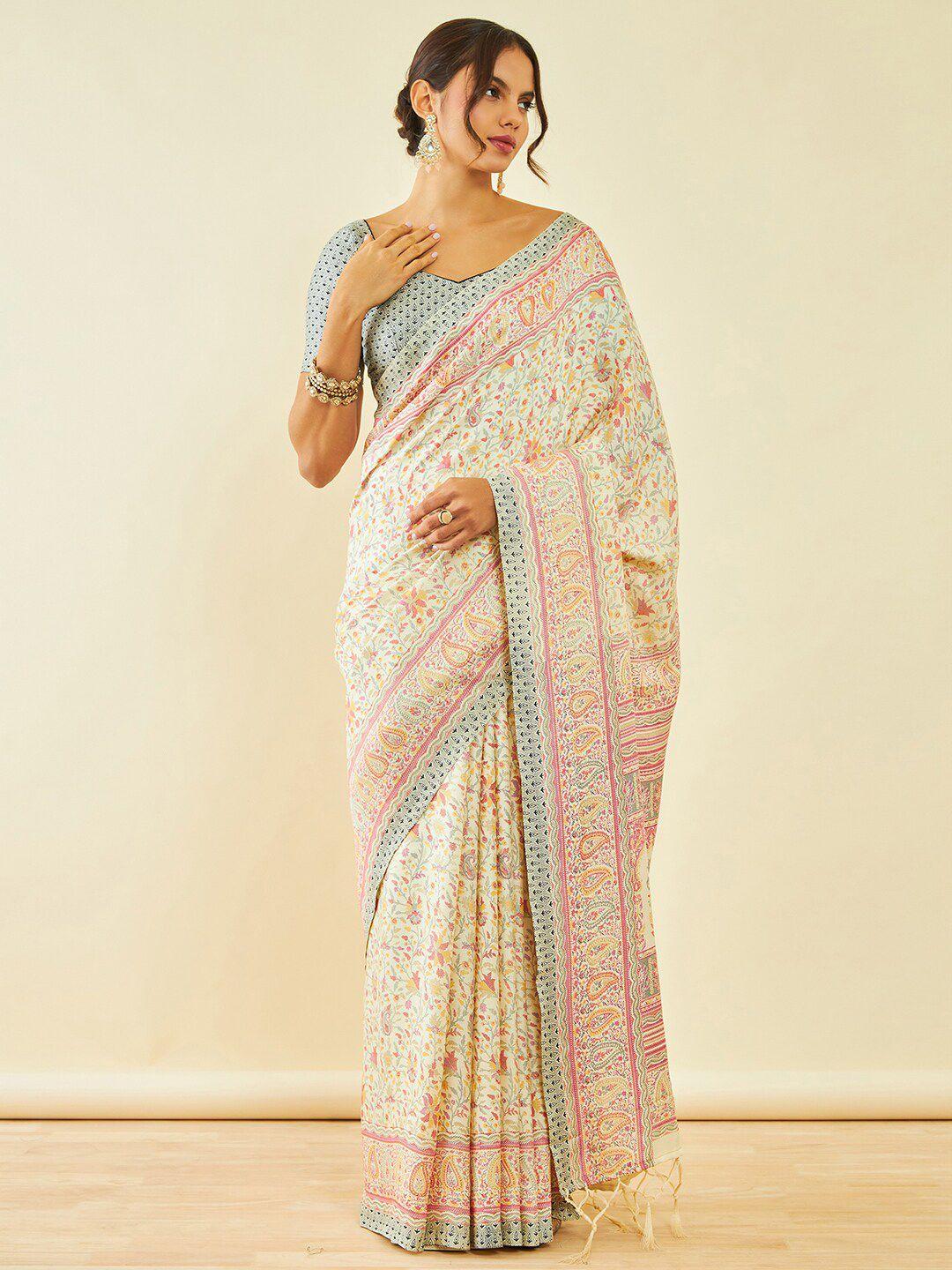 soch paisley printed pashmina saree with shawl