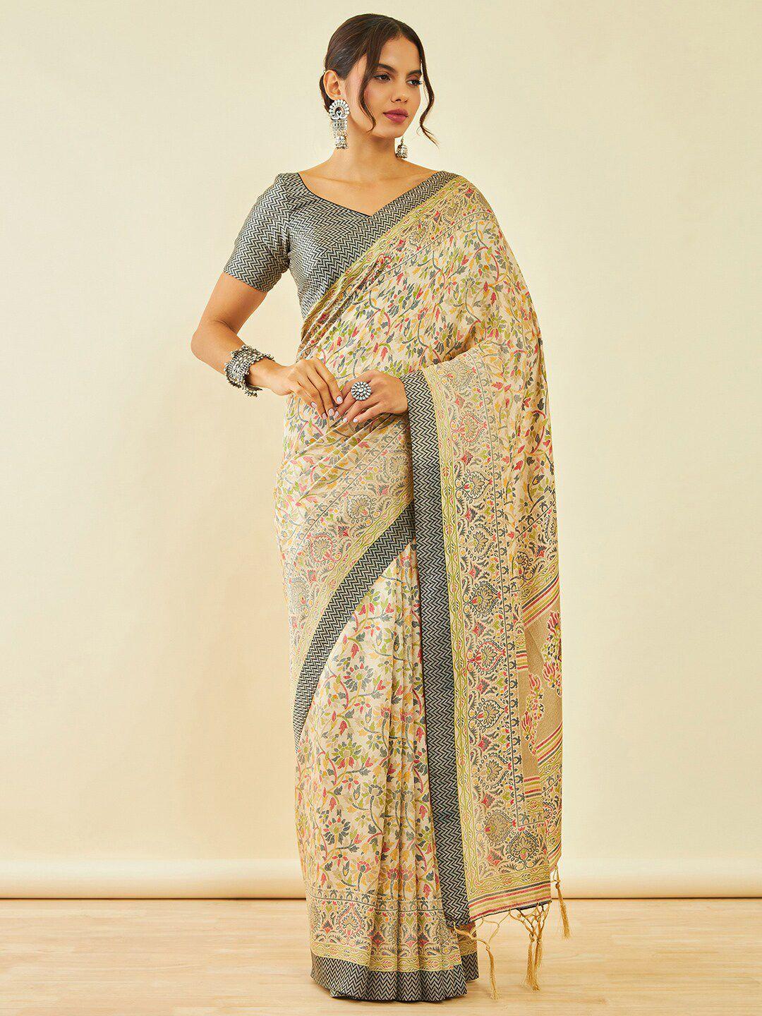 soch floral printed pashmina saree with shawl