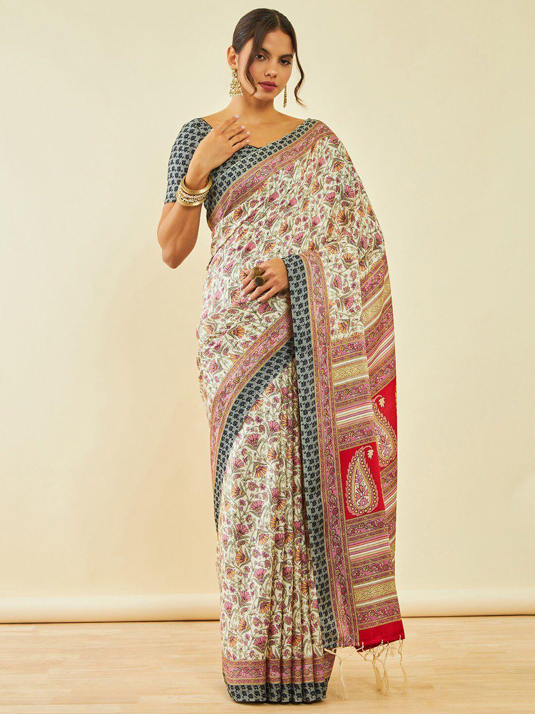 soch floral printed pashmina saree with shawl