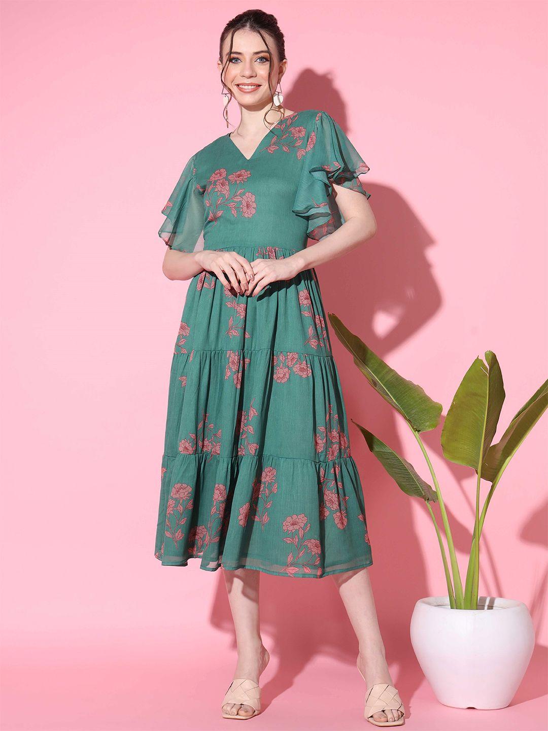 vbuyz floral printed flutter sleeve tiered midi dress