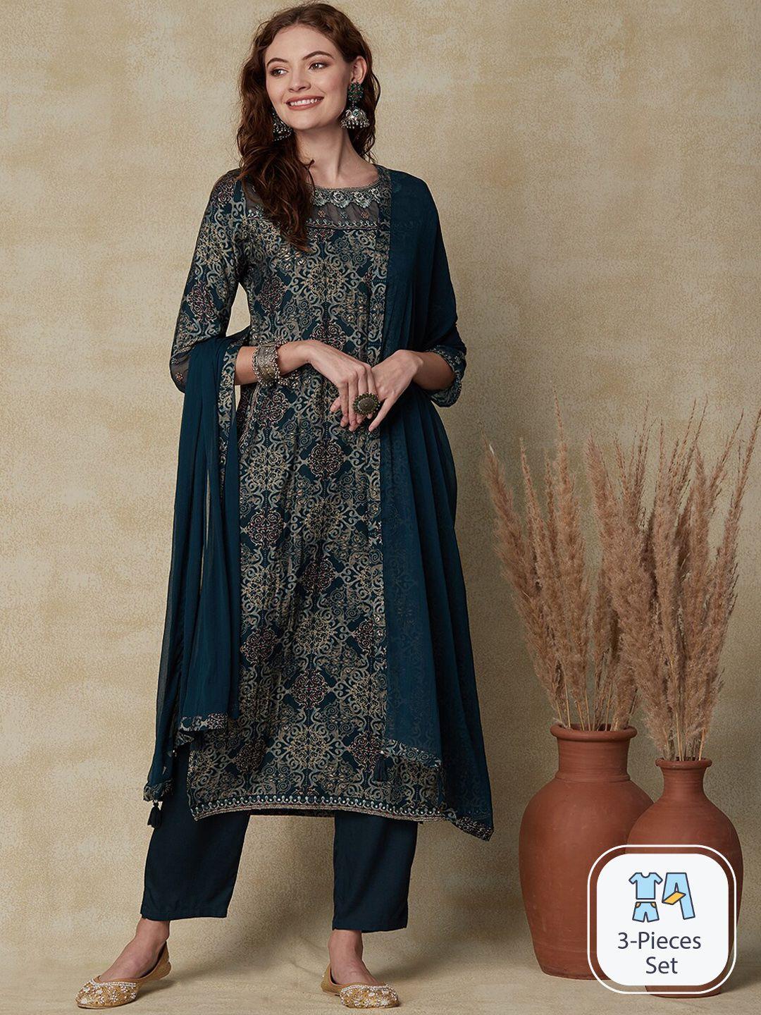 fashor ethnic motifs printed thread work straight kurta & trousers with dupatta