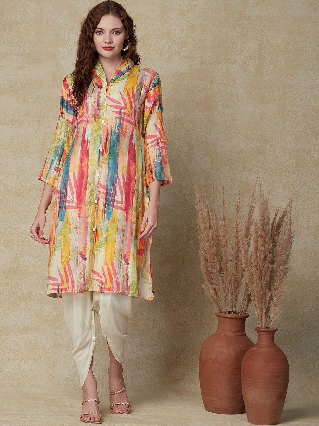 fashor abstract printed shirt collar a-line kurta with dhoti pants