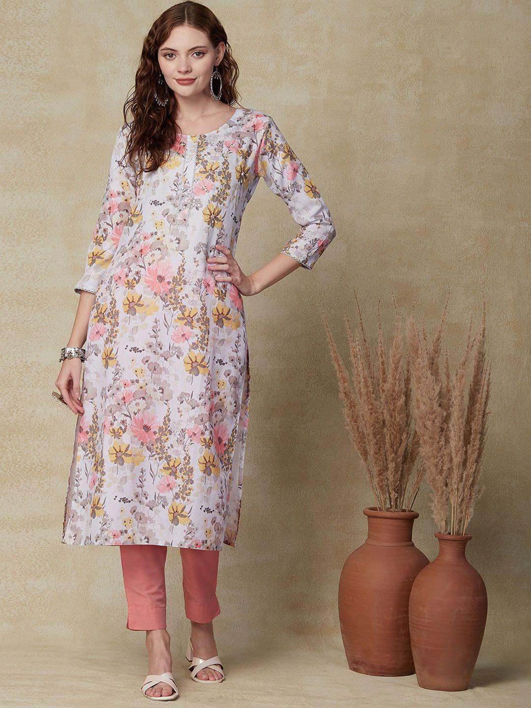 fashor floral printed linen straight kurta