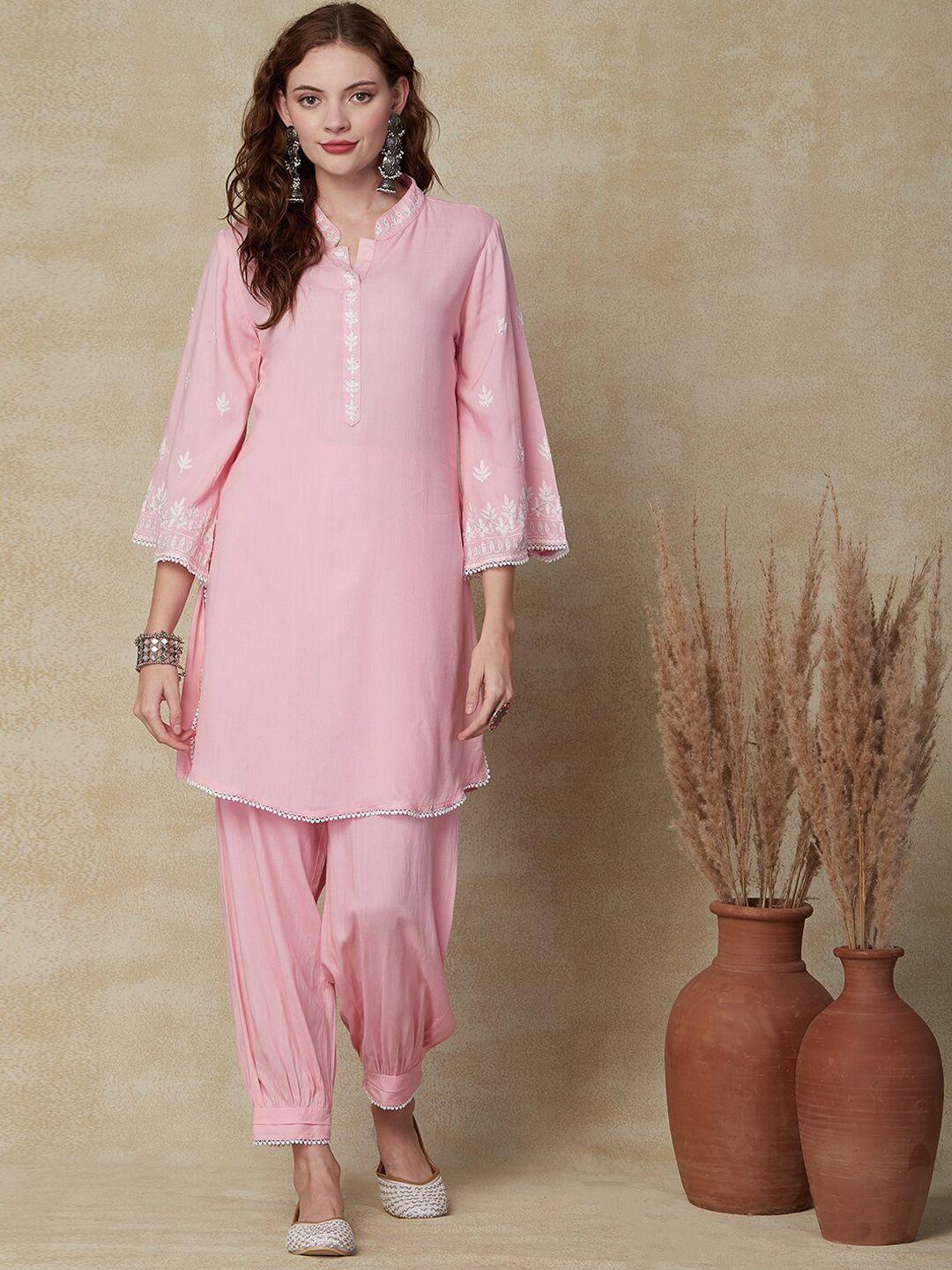 fashor floral embroidered thread work kurta with trousers