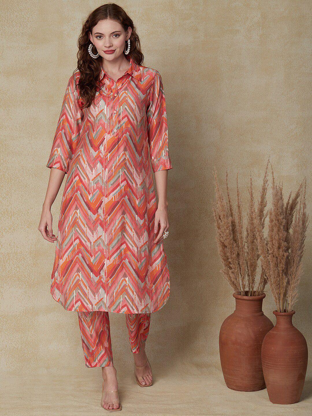 fashor chevron printed shirt collar a-line kurta with trousers