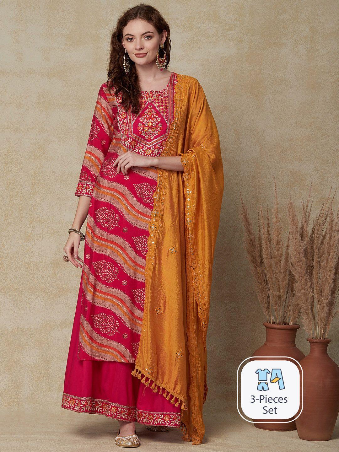 fashor ethnic motif printed straight kurta with palazzos & dupatta