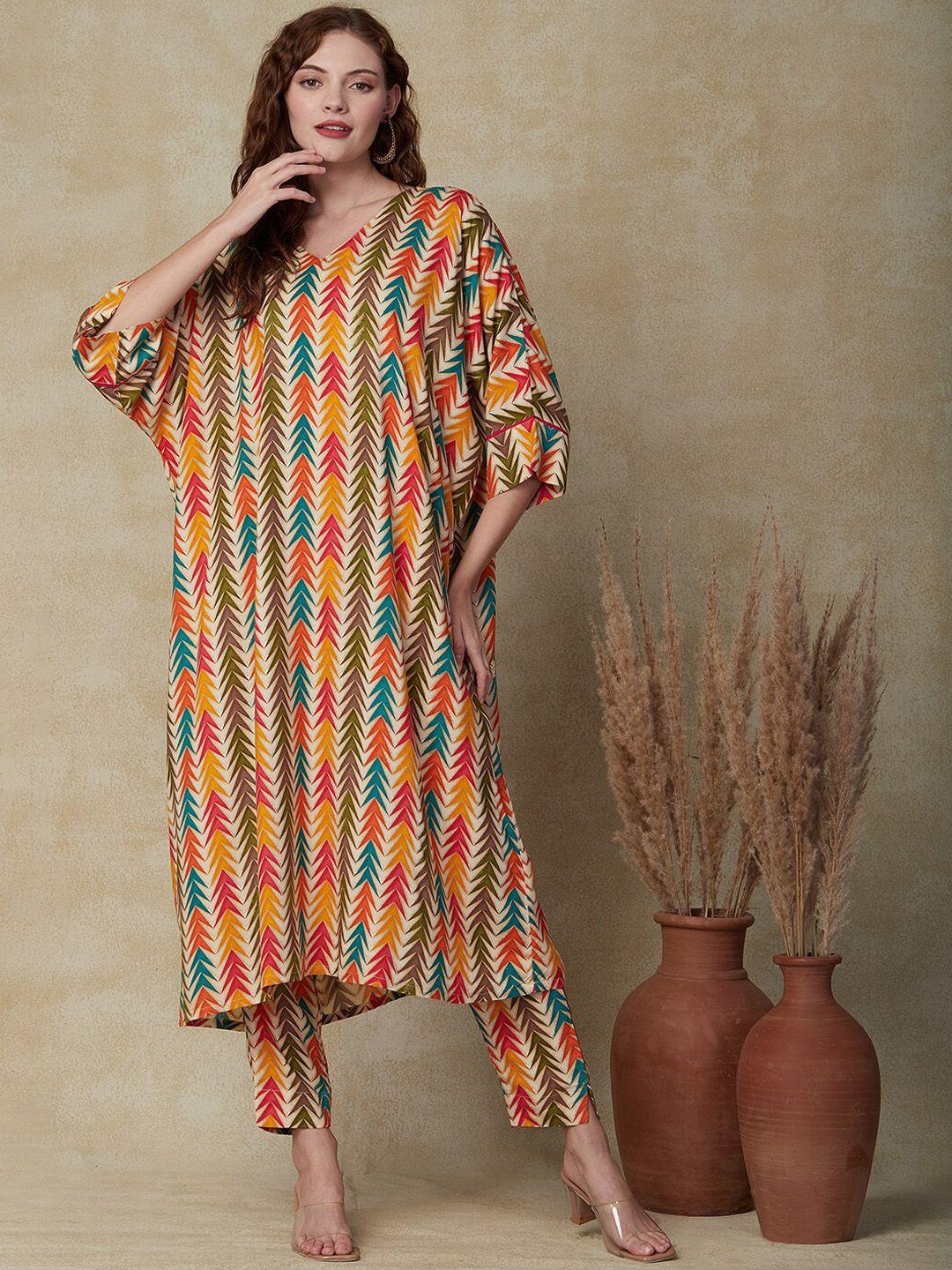 fashor chevron printed extended sleeves kaftan kurta with trousers