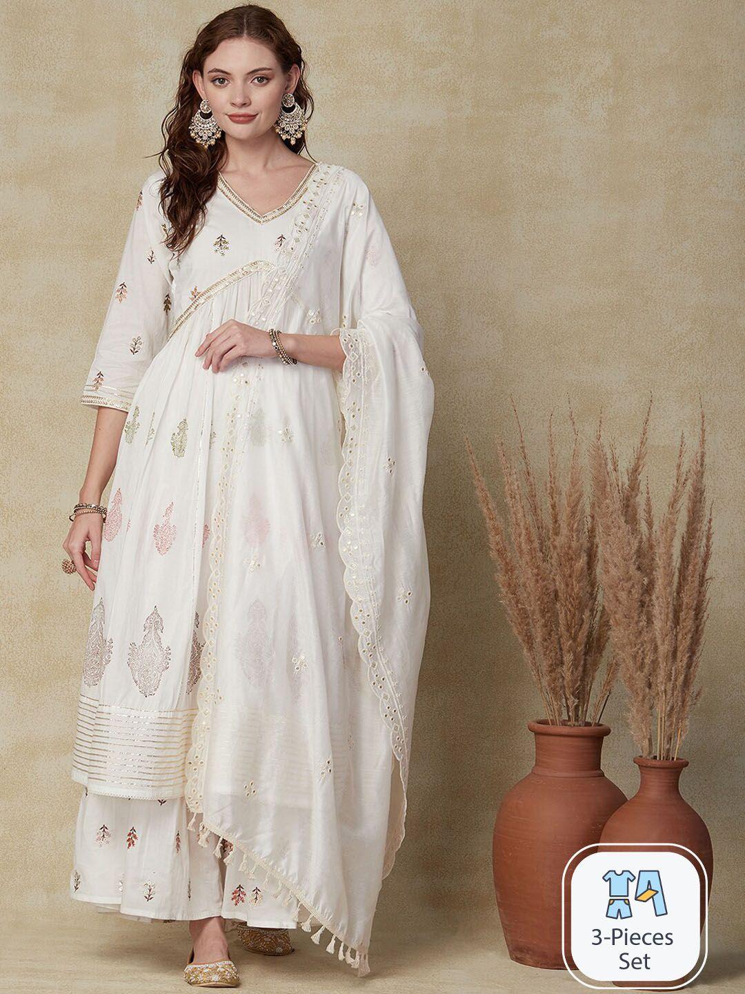 fashor floral embroidered mirror work a-line kurta with sharara & dupatta