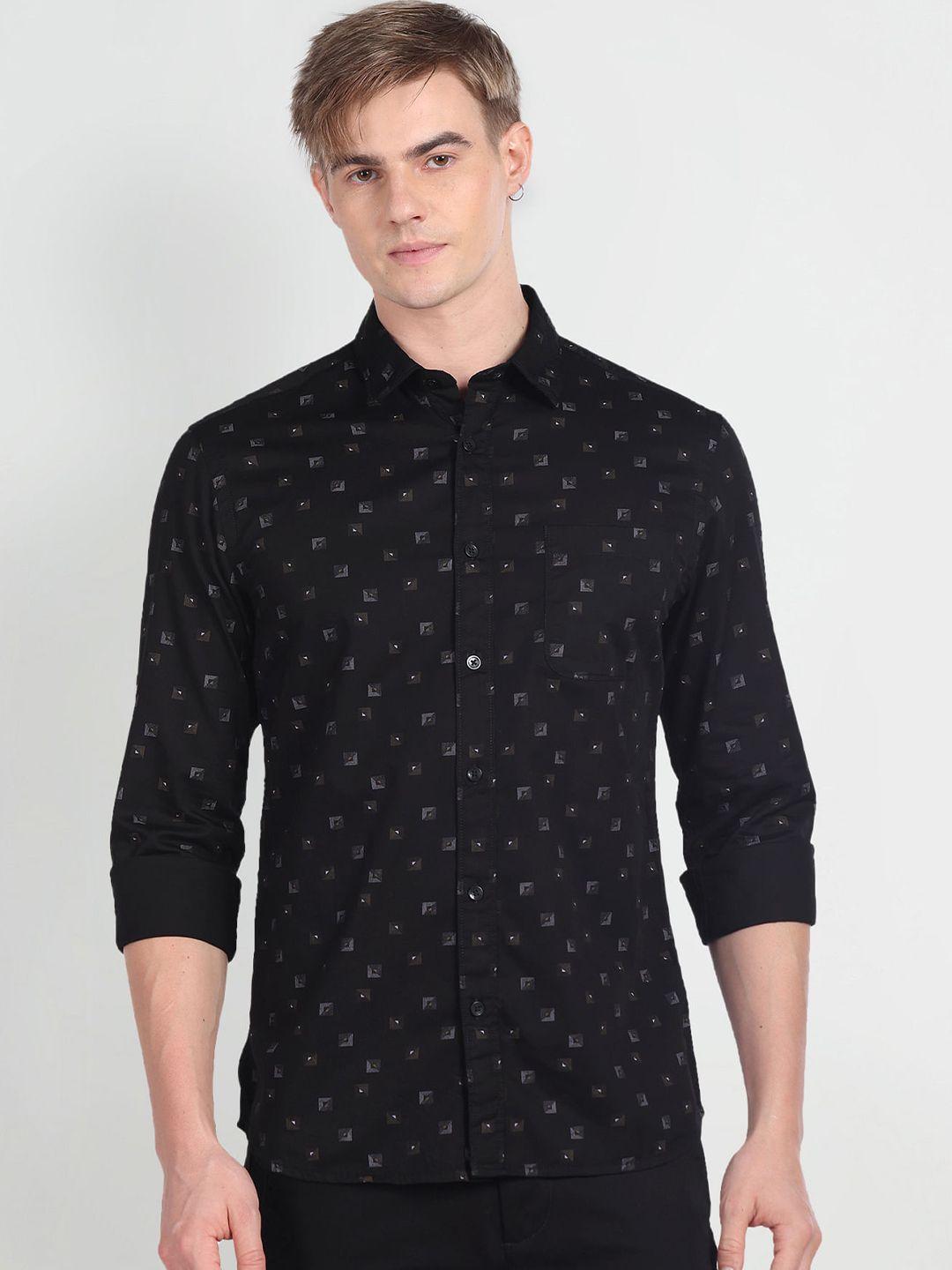 flying machine men black slim fit opaque printed casual shirt